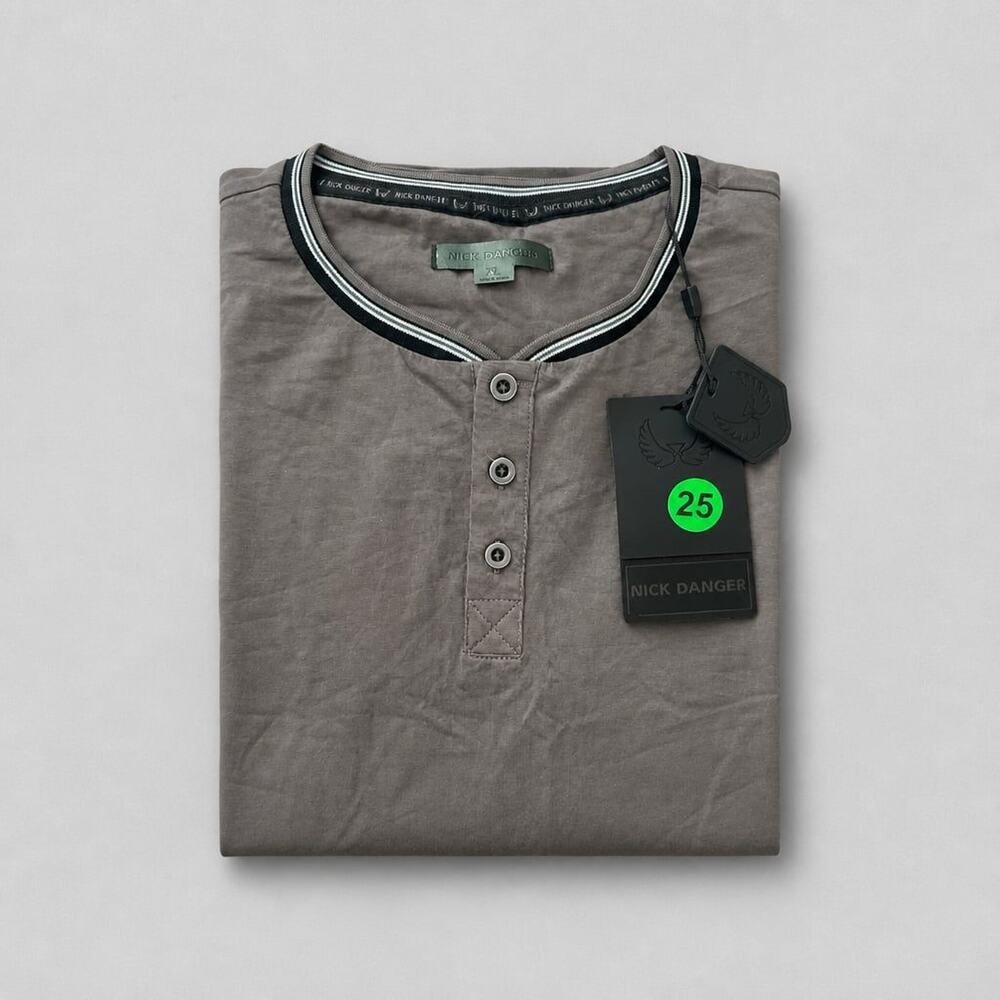 No.25 Nick Danger Men's Gray Short Sleeve Henley Shirt with Contrast Trim